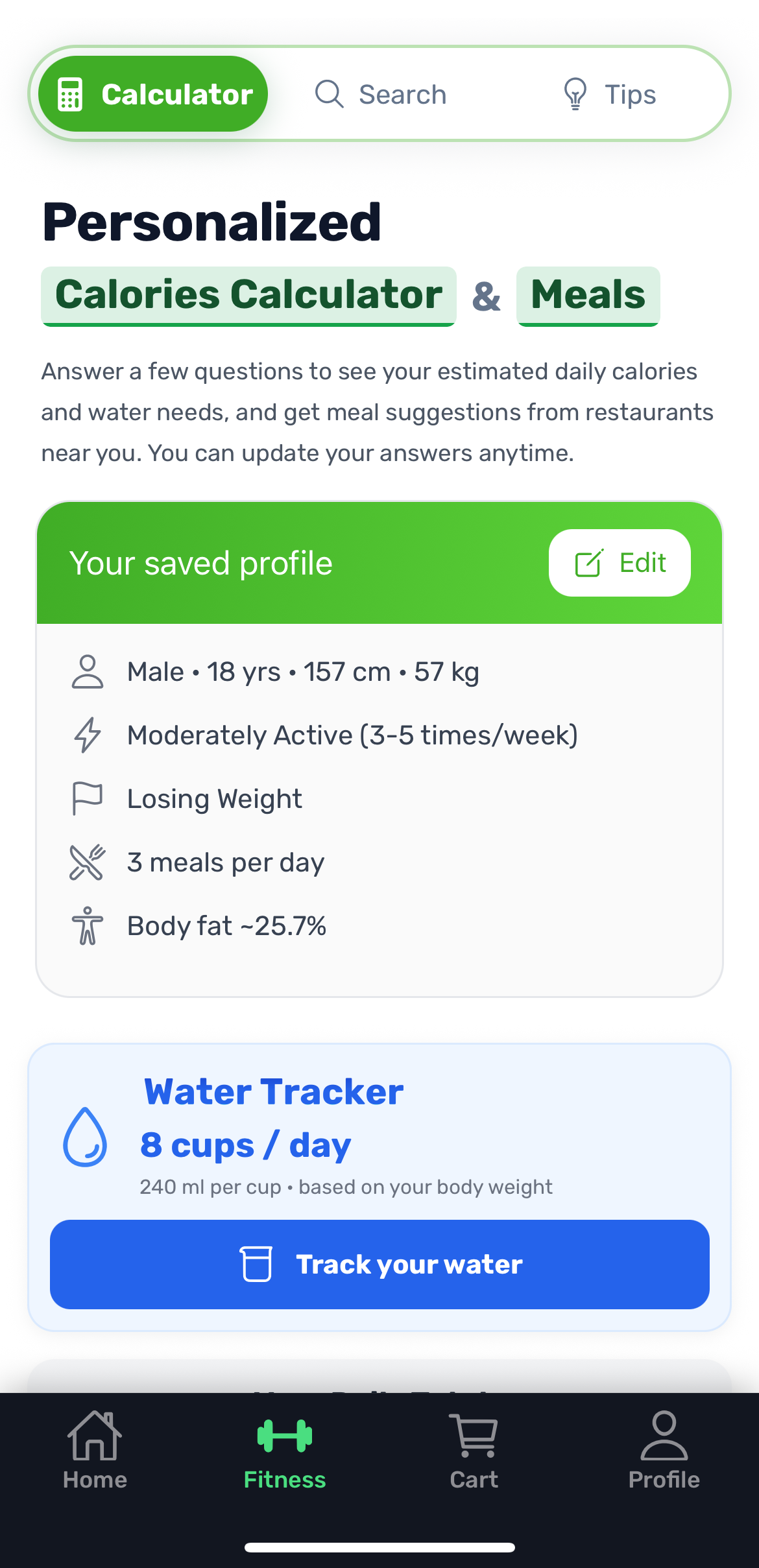 HealthyU calorie calculator screen