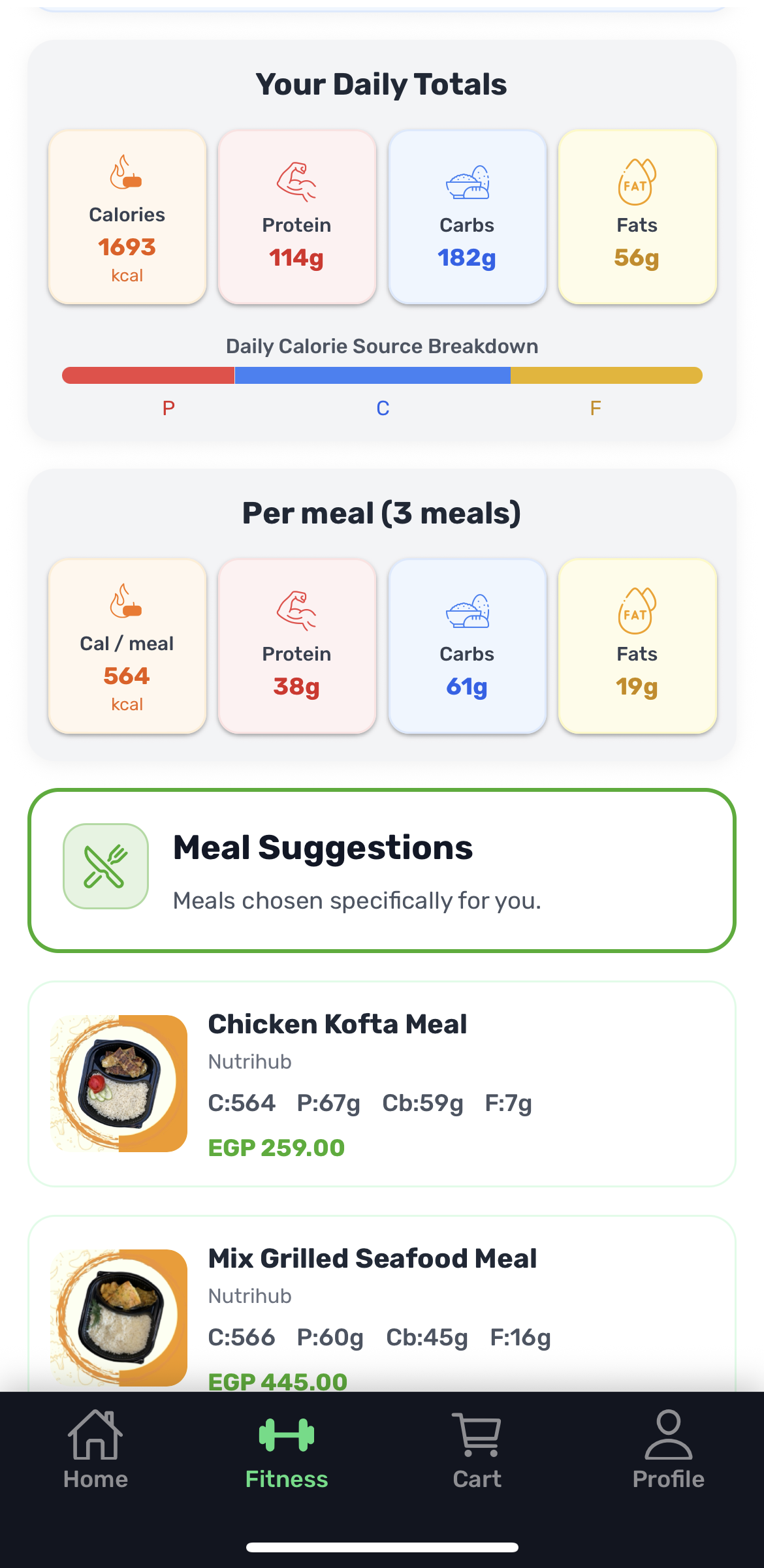 HealthyU Huscan suggested meals screen