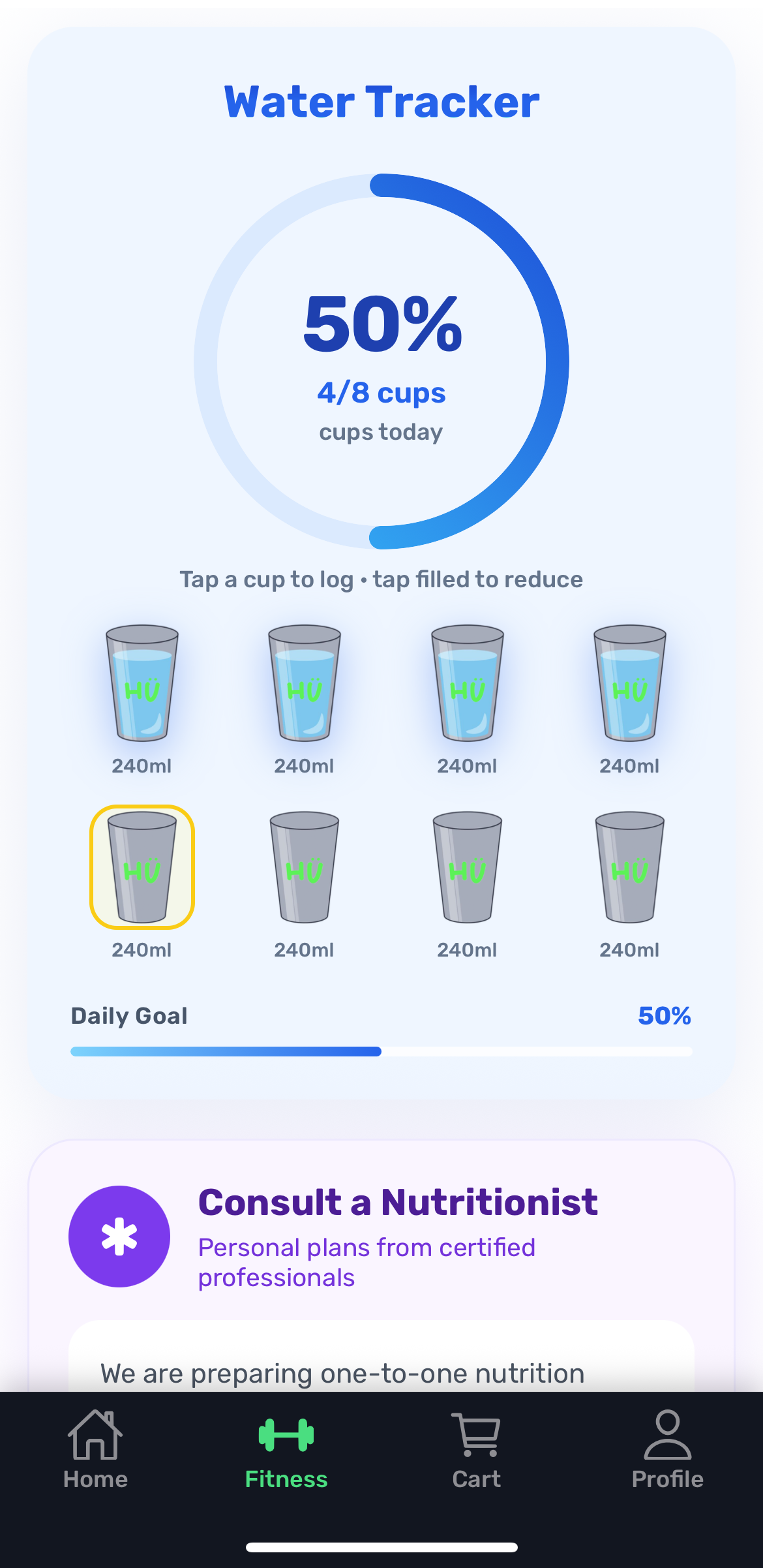 HealthyU water tracker screen