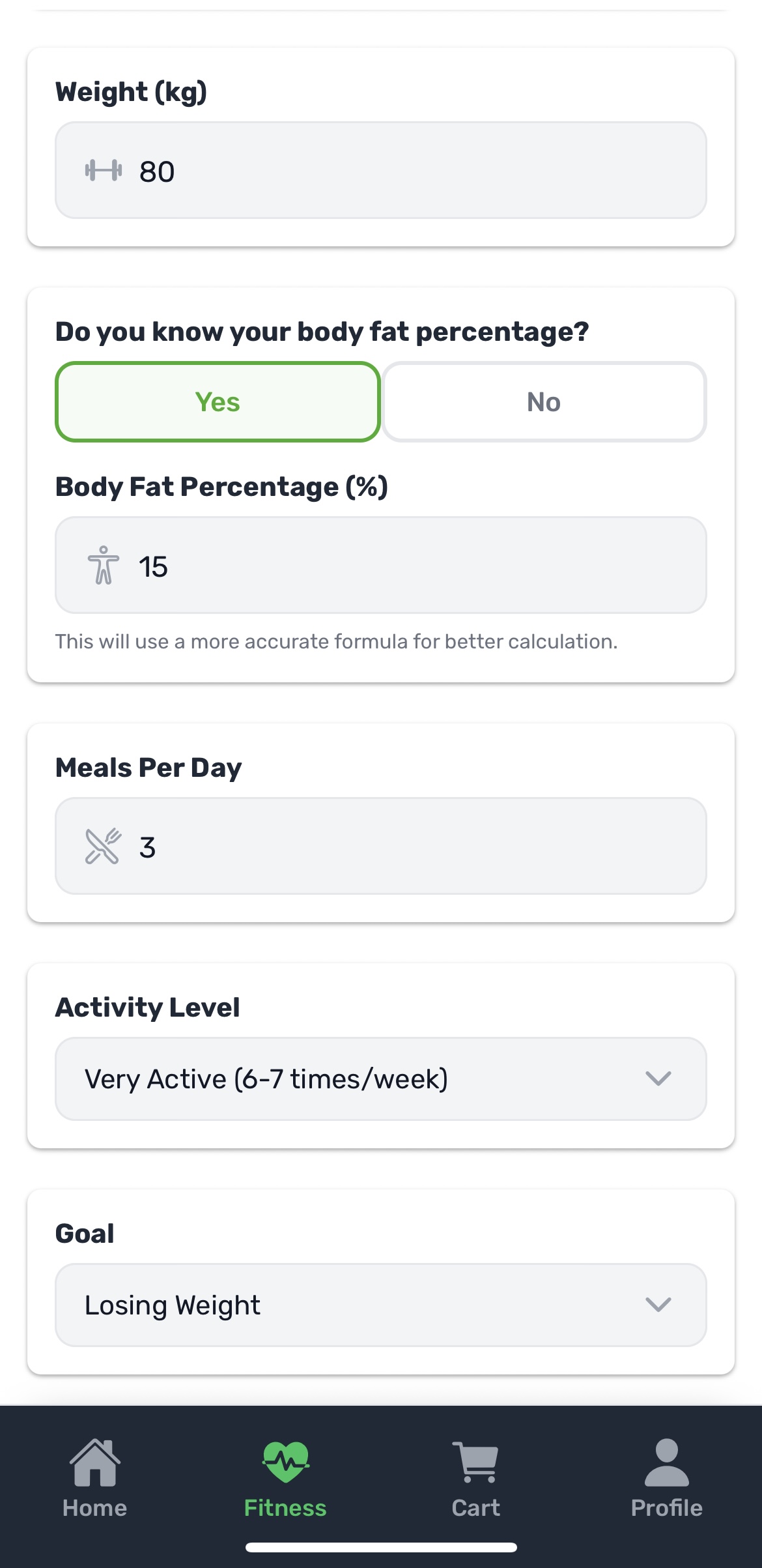 Calories Calculator Settings